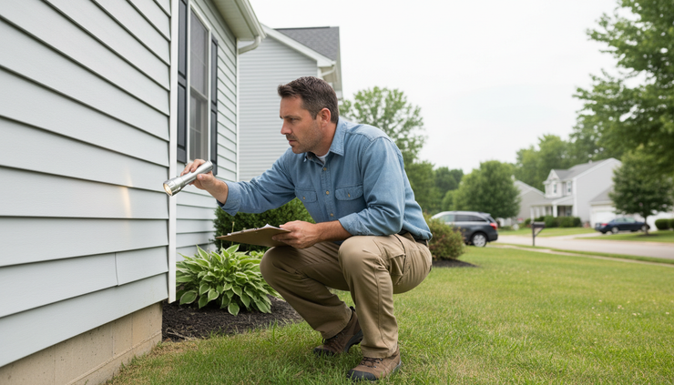 Wide-angle view of a home inspector examining the exterior of a single-family house.