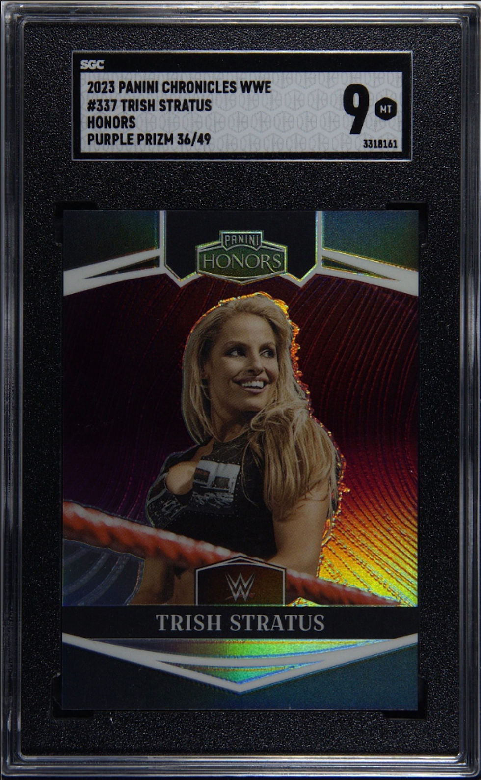 2023 Panini Chronicles WWE #337 Trish Stratus Honors Purple Prizm /49 SGC 9 — full front view
