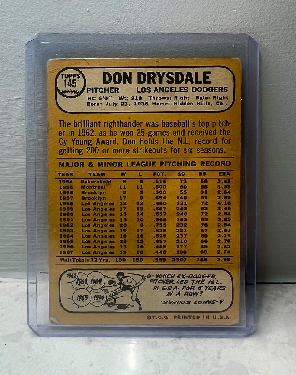 1968 Topps #145 Don Drysdale baseball card back