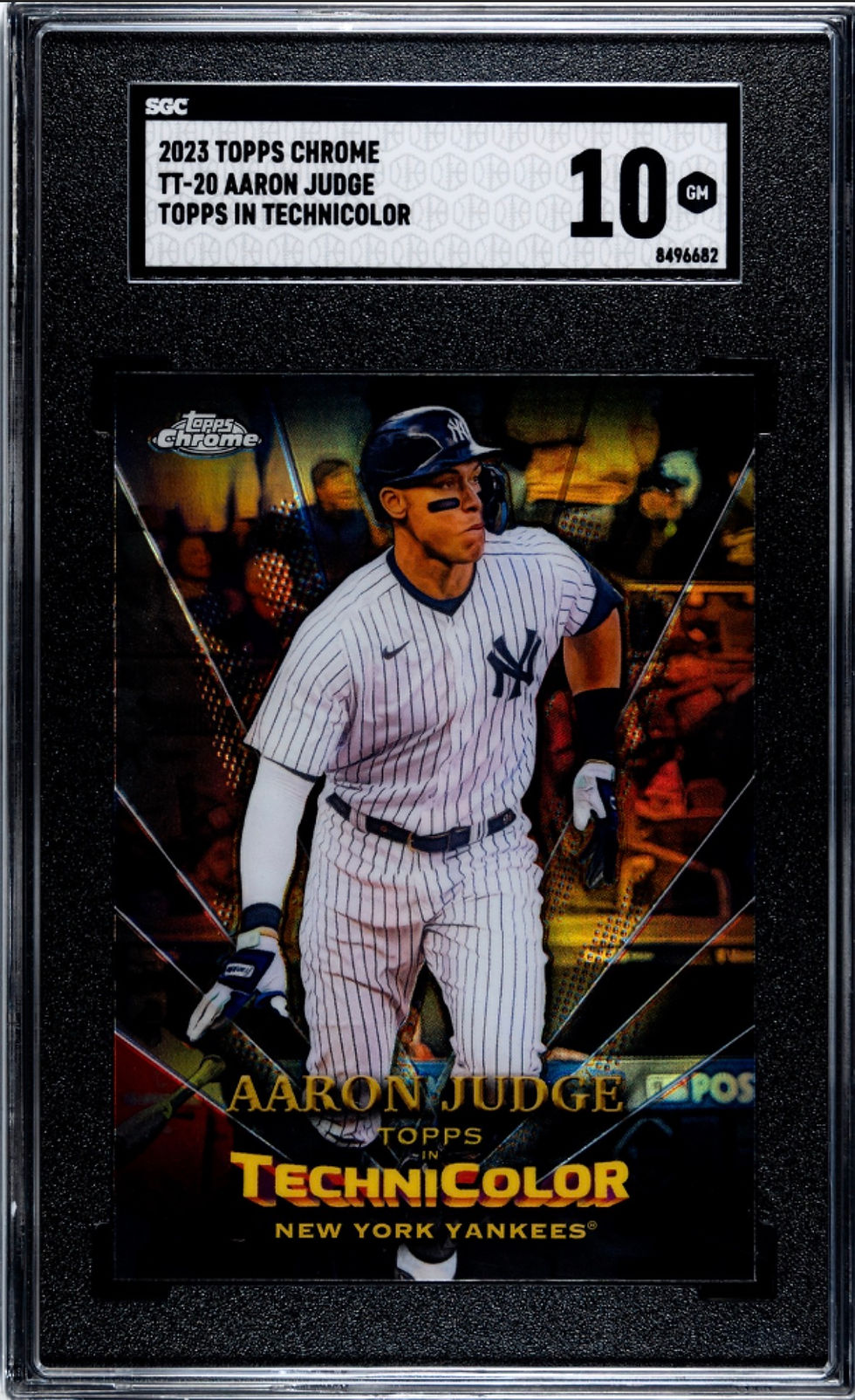 Front of 2023 Topps Chrome TT-20 Aaron Judge Topps in Technicolor SGC 10 card
