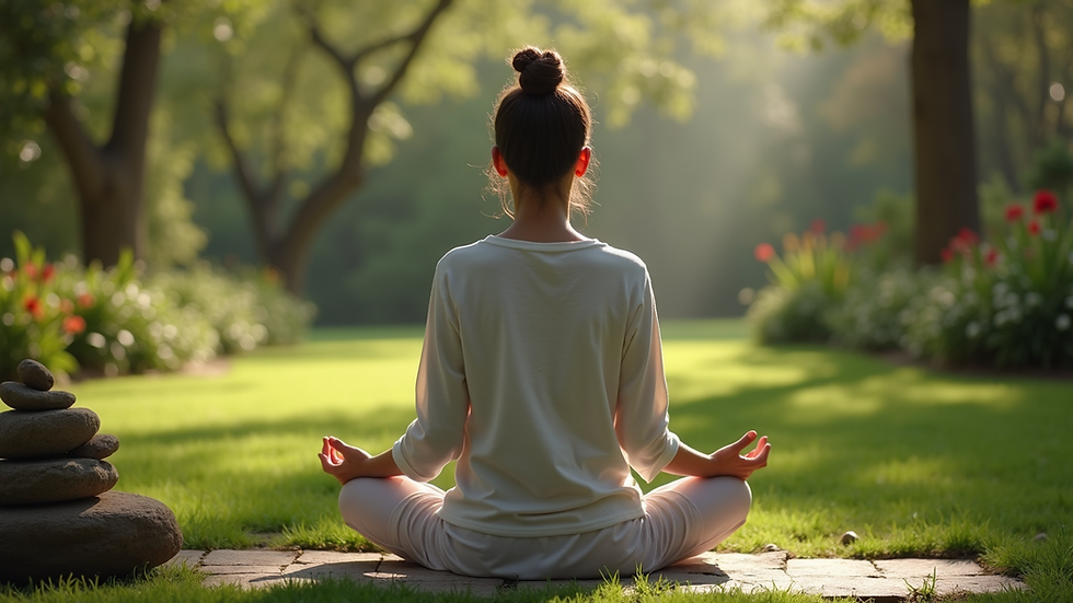Close-up view of a person meditating in a peaceful garden