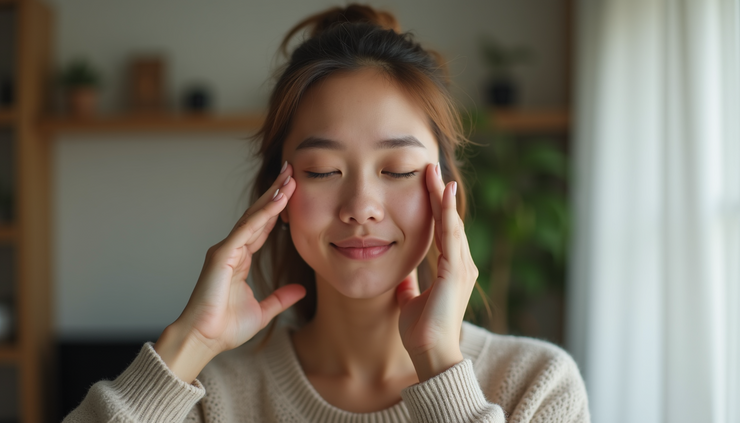 Eye-level view of a calm person gently tapping their face during an EFT session
