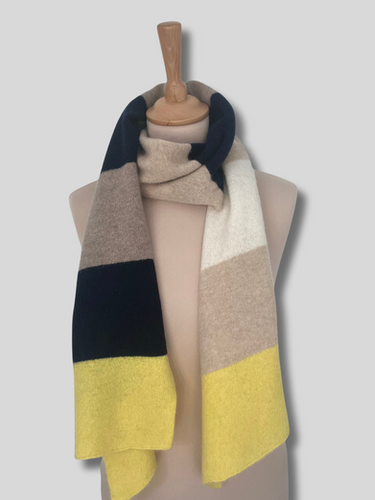 Knitted Lambswool Yellow Navy Oatmeal Stripe Scarf Penny Grace