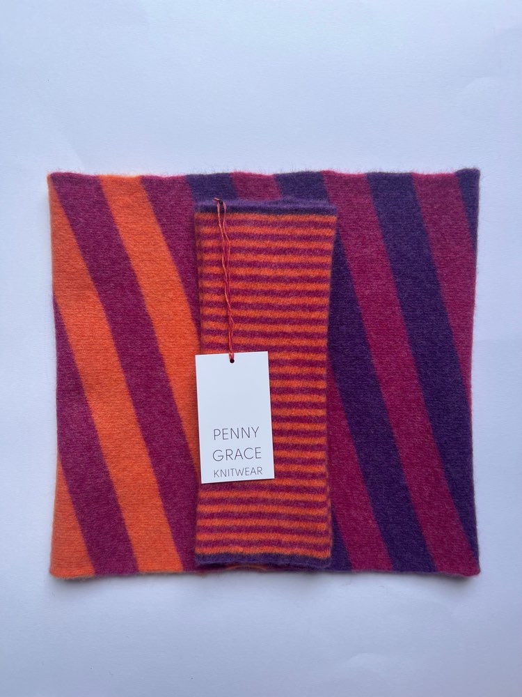 Thumbnail: Merino Wool Wristwarmers in Magenta Orange & Purple Stripe