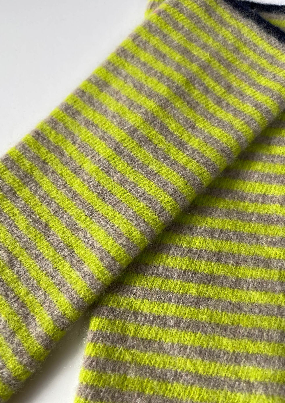Thumbnail: Merino Wool Wristwarmers in Lime Navy Mushroom Stripe