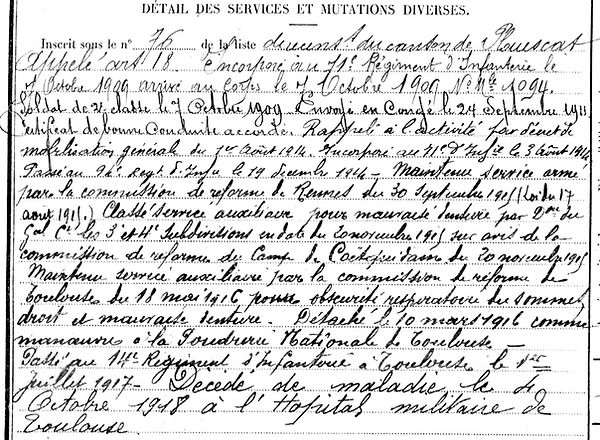 conseil yves trefleztoulouse 14-18 Finistère Non Mort France Réformé maladie tuberculose suicide fusillé accident
