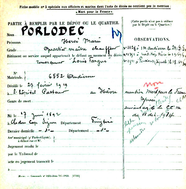 Porlodec herve marie cleden cap sizun remorquer louis farge pasteur havre 14-18 Finistère Non Mort France Réformé maladie tuberculose suicide fusillé accident
