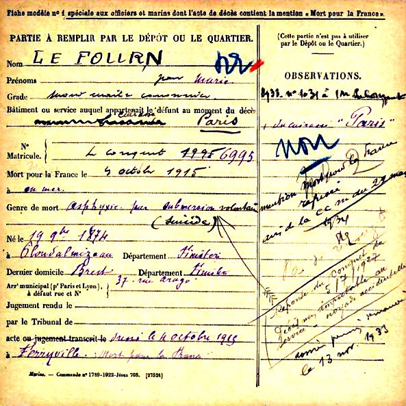 ferryville menzel bourguiba tunisie le fourn jean marie ploudalmereau cuirasse paris 14-18 Finistère Non Mort France Réformé maladie tuberculose suicide fusillé accident