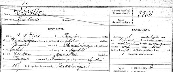 Léostic Yves Marie Plouguin patrimoine histoire guerre 1914 1918 14 18 treouergat lampaul ploudalmezeau saint pabu soldat marin mort France patrick milan finistere mercel madeleine coat meal treglonou