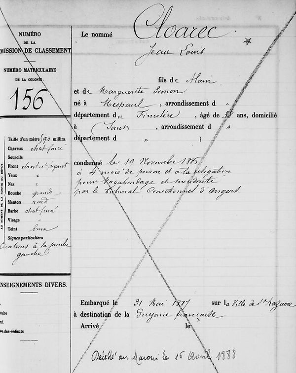 Cloarec Jean Louis simon mespaul brest bagne guyane bagnard finistere