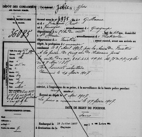 Jobic Yves tremargat saint hernin perrot bagne guyane bagnard finistere