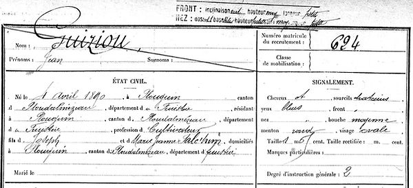 Guiziou Jean Plouguin patrimoine histoire guerre 1914 1918 14 18 treouergat lampaul ploudalmezeau saint pabu soldat marin mort France patrick milan finistere mercel madeleine coat meal treglonou