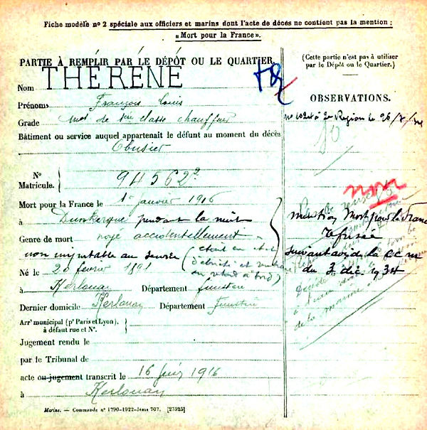 therene françois louis kerlouan contre torpilleur obusier dunkerque 14-18 Finistère Non Mort France Réformé maladie tuberculose suicide fusillé accident