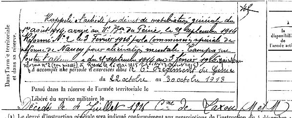 guillerm françois marie taulé laxou maxéville nancy 14-18 Finistère Non Mort France Réformé maladie tuberculose suicide fusillé accident
