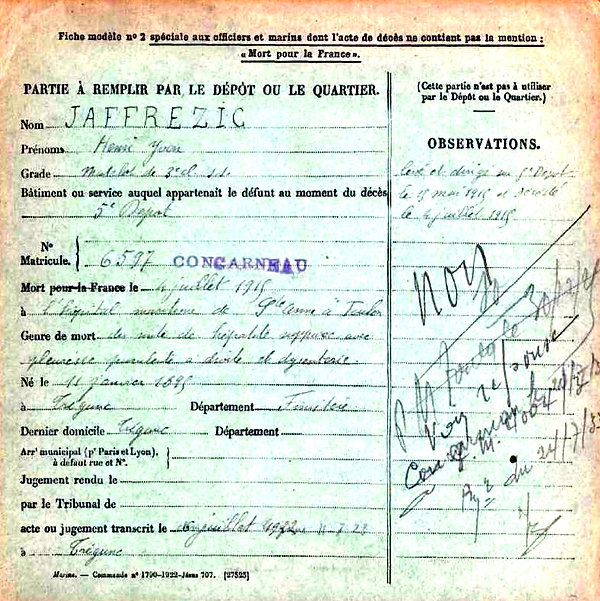 jaffrezic henri yvon tregunc toulon 14-18 Finistère Non Mort France Réformé maladie tuberculose suicide fusillé accident