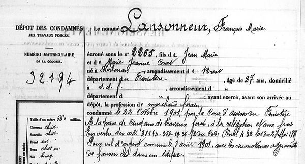Lansonneur François Marie kerlouan coat finistee bagne guyane bagnard  evade evasion