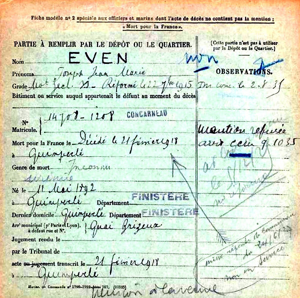 even joseph jean marie quimperlé 14-18 Finistère Non Mort France Réformé maladie tuberculose suicide fusillé accident