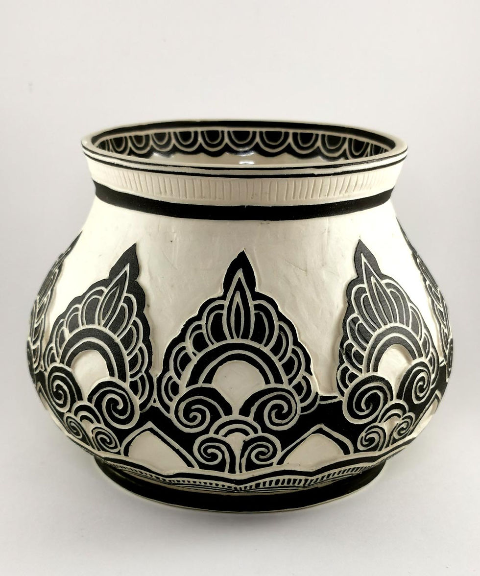 Thumbnail: Hand carved black sgraffito ceramic vase with henna details