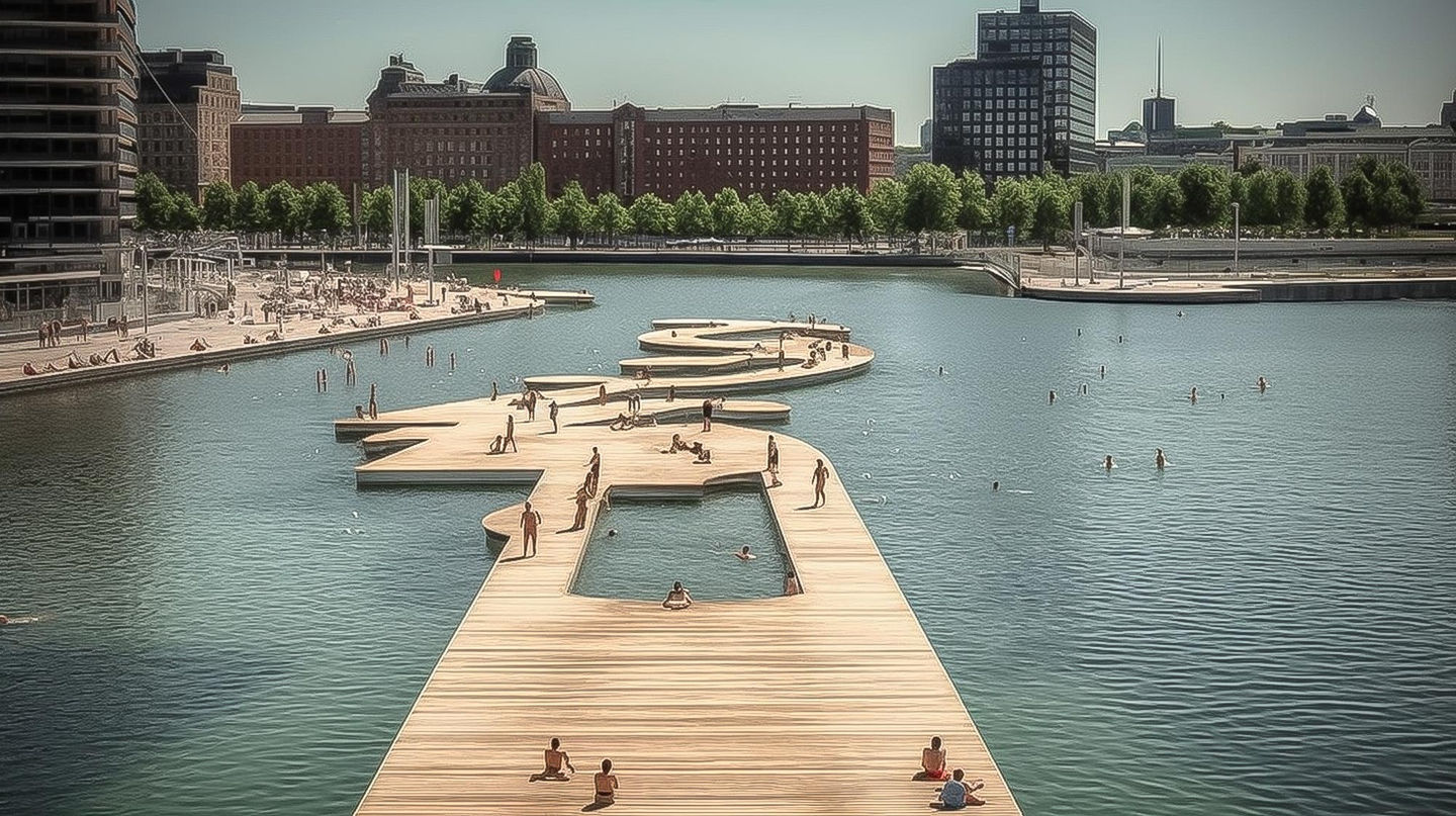 Design d'un bain au Canada : concept original de bassins intégrés au quai du vieux port de Montréal, vue 4 - Studio Baignade Urbaine, Clément BRUN