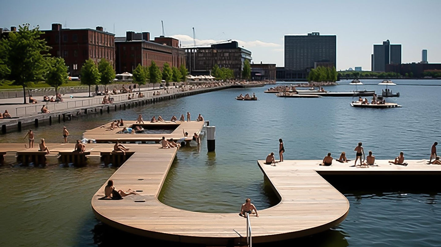 Design d'un bain au Canada : concept original de bassins intégrés au quai du vieux port de Montréal, vue 3 - Studio Baignade Urbaine, Clément BRUN