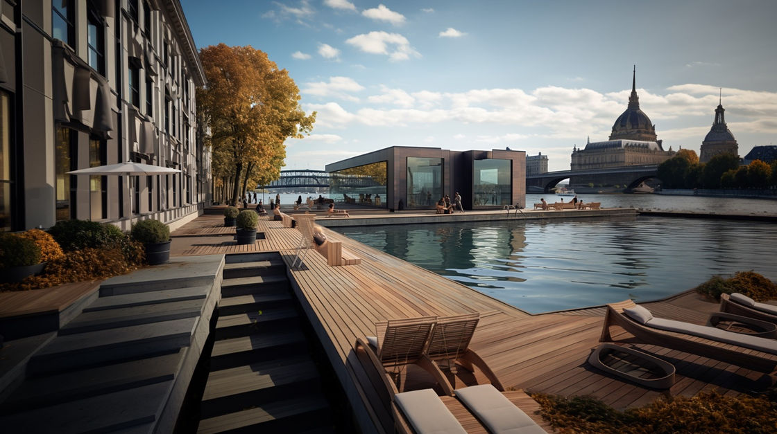 Projet de club de baignade en bord de Seine avec bar et sauna pour la baignade hivernale, vue 2 - Studio Baignade Urbaine, Clément BRUN 