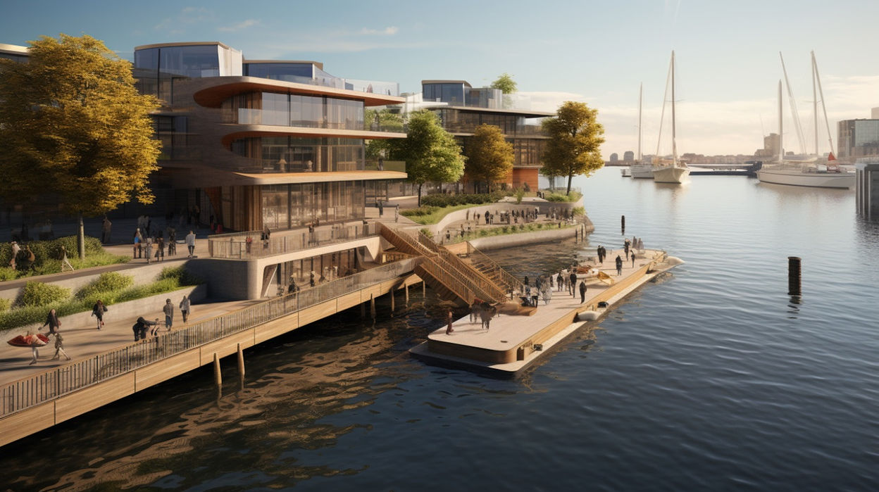 Idée de Pontons flottants utilisés comme pont d'embarquement pour des bateaux et comme lieu de détente proche de l'eau et de baignade, vue 1 - Studio Baignade Urbaine, Clément BRUN 