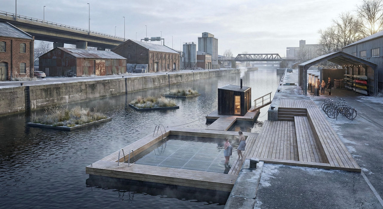Sauna, hiver, canal, flottant, accès à l'eau, loisir, ville et baignade, kayak, café, bar, aménagement canal