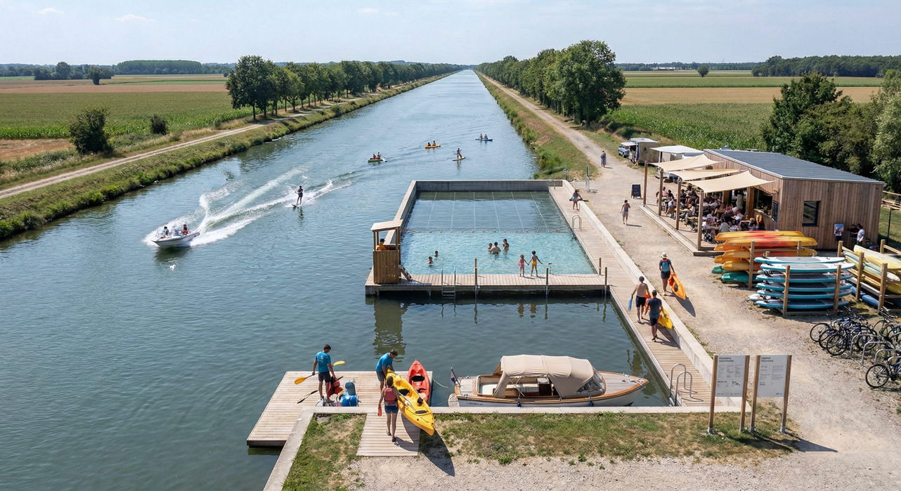 ski nautique et kayak, paddle, vie de village, baignade, zone de baignade, bateaux, tourisme, champ, campagne