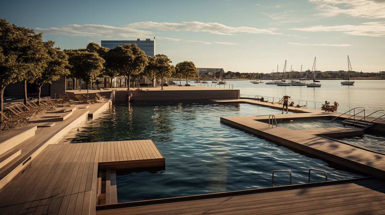 Idée de modélisation d’architecture d'un bain portuaire intégré au quai avec des grands plages en bois pour offrir un espace de loisir aux habitants, vue 2 - Studio Baignade Urbaine, Clément BRUN 