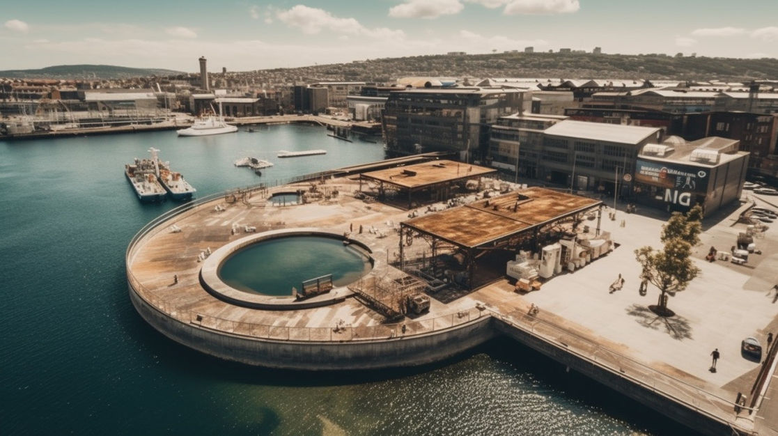 Idée de régénération friche portuaire autour de bains et de la baignade, vue 1 - Studio Baignade Urbaine, Clément BRUN