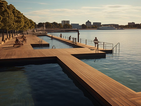Création d'un espace de baignade urbaine : une piscine au bord d'un quai, fusionnant avec la nature en ville.