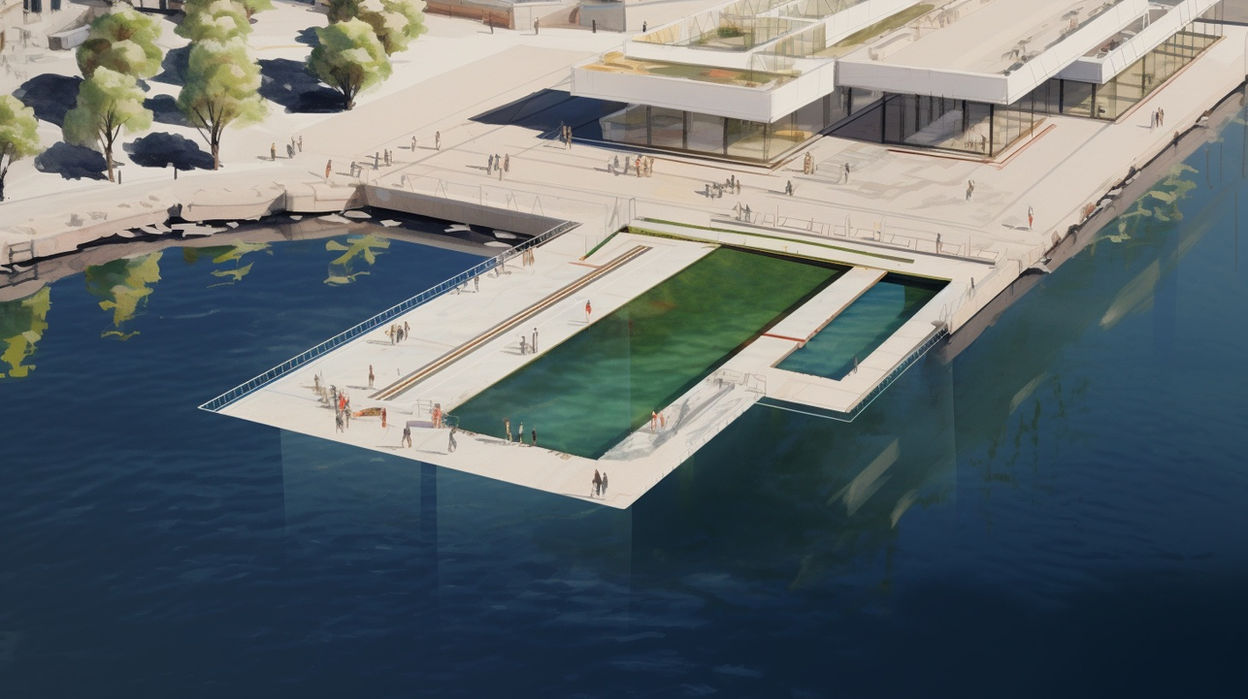 design des prochains quais de Copenhague : visuels des futurs piscines avec bassins du port reconnectant urbain et nature, vue 3 - Studio Baignade Urbaine, Clément BRUN 