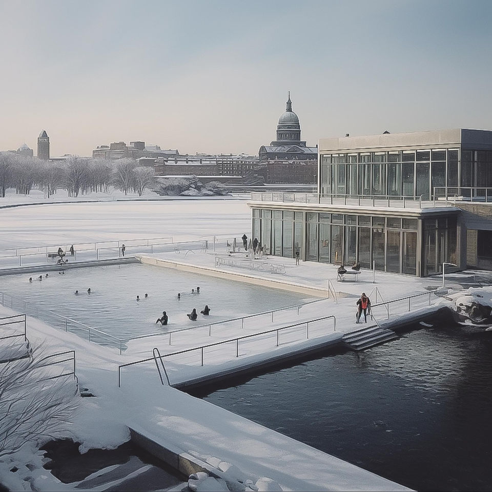 Design d'un bain hivernal au Canada : concept de bains avec sauna dans le vieux port de Montréal, vue 2 - Studio Baignade Urbaine, Clément BRUN