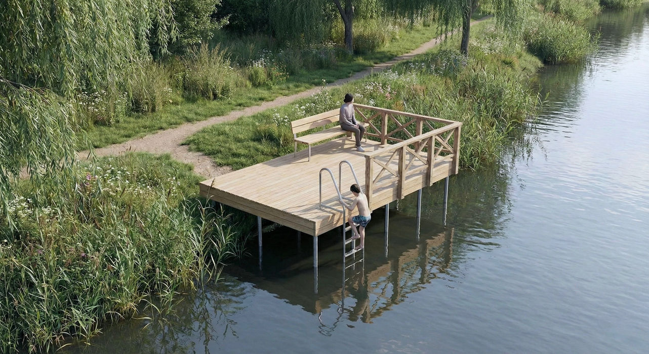 Ponton sur pilotis, zone de baignade, aménagement frugal, architecture, bois, banc, baignade parc, chemin de terre