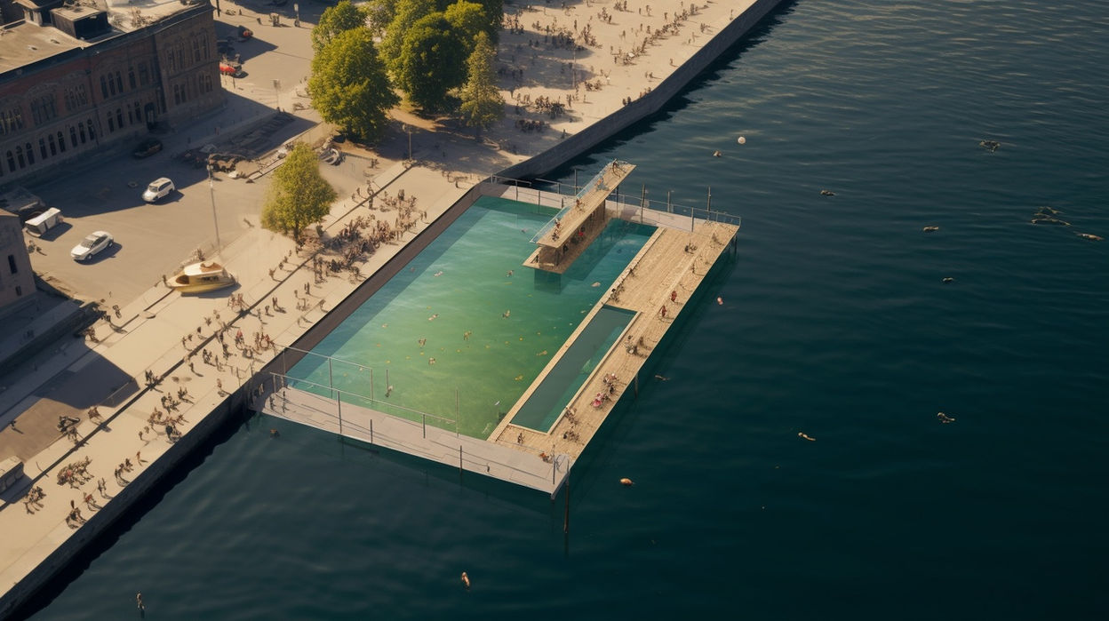design des prochains quais de Copenhague : visuels des futurs piscines avec bassins du port reconnectant urbain et nature, vue 2 - Studio Baignade Urbaine, Clément BRUN 