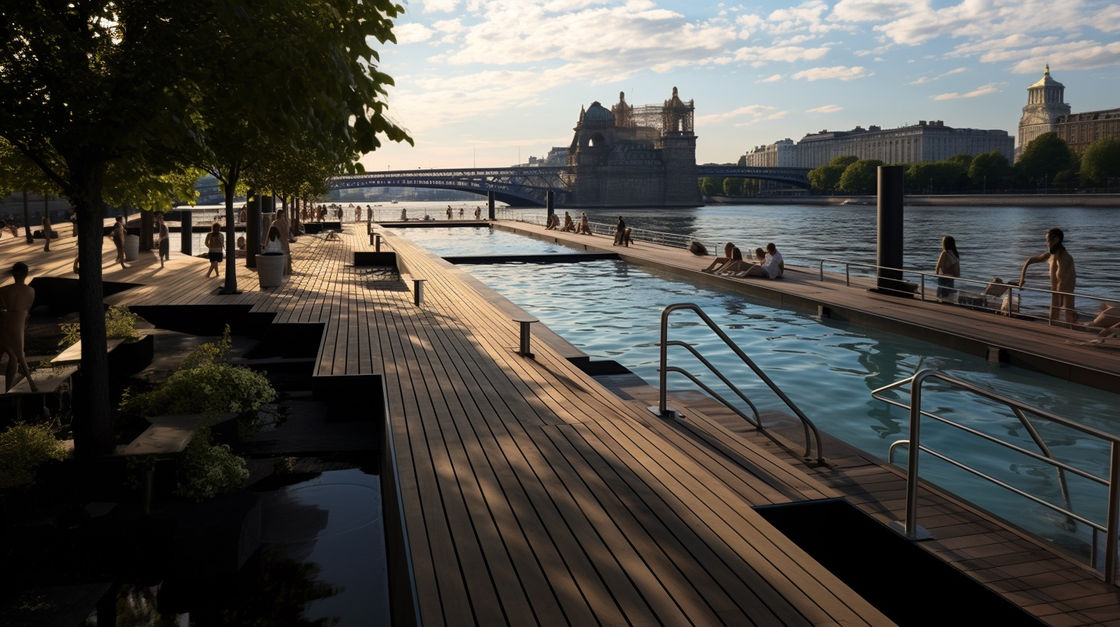 En contrebas de Notre-Dame de Paris en reconstruction, modélisation d'un bain avec deux bassins.