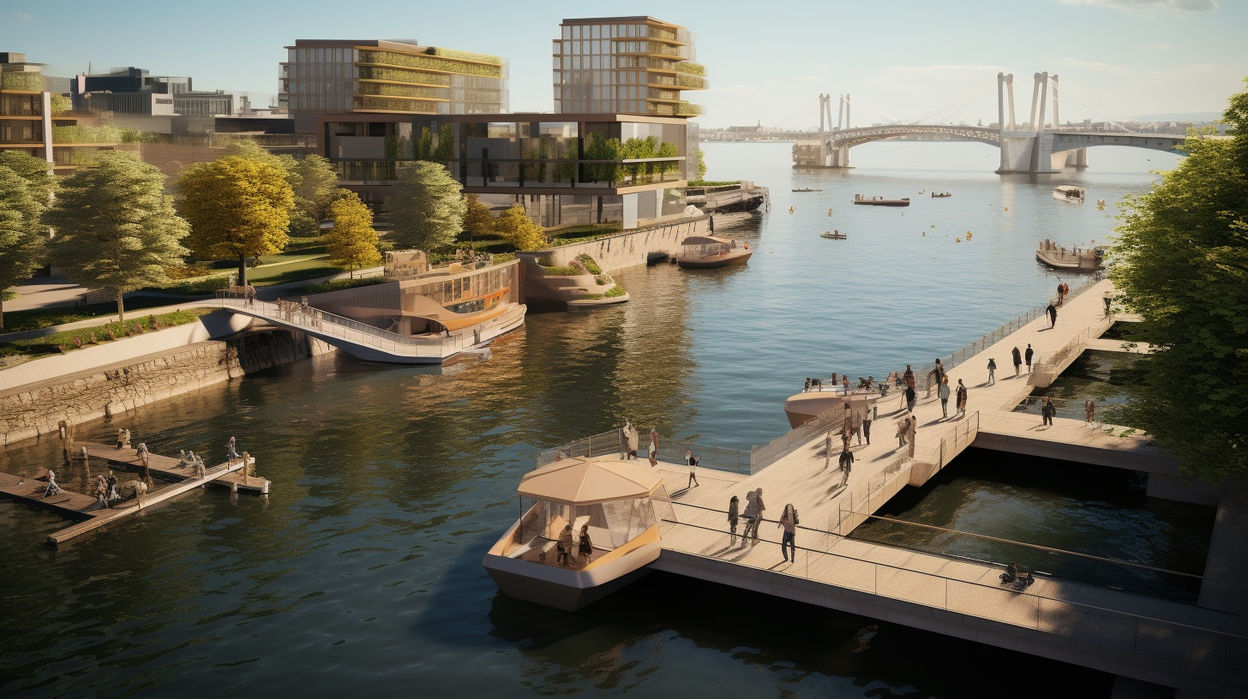 Concepts de pontons flottants à usages multiples entre pont d'embarquement pour bateaux et lieu de baignade avec bain portuaire en France, vue 3 - Studio Baignade Urbaine, Clément BRUN 