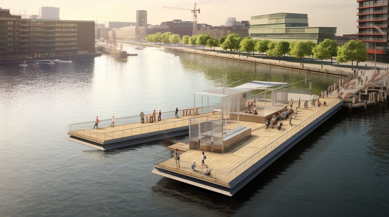 Concepts de pontons flottants à usages multiples entre pont d'embarquement pour bateaux et lieu de baignade avec bain portuaire en France, vue 2 - Studio Baignade Urbaine, Clément BRUN 