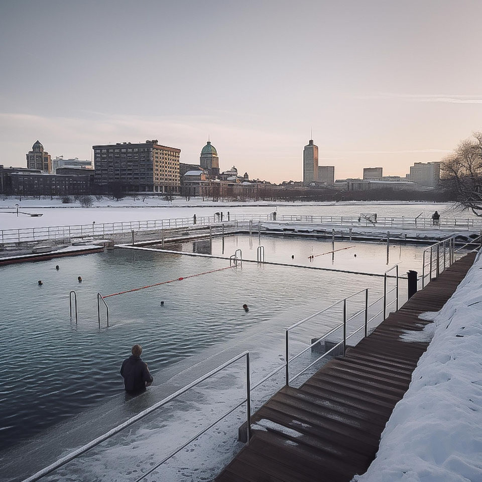 Conception d'un bain pour se baigner en hiver à Montréal en pleine ville : intégrer le sauna avec le bain portuaire, vue 2 - Studio Baignade Urbaine, Clément BRUN