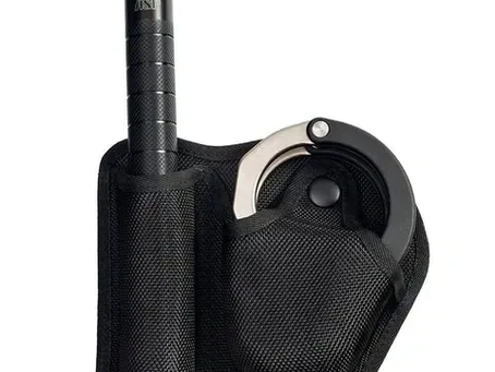 A compact tactical kit featuring a baton and handcuffs, neatly housed in a durable black holster.