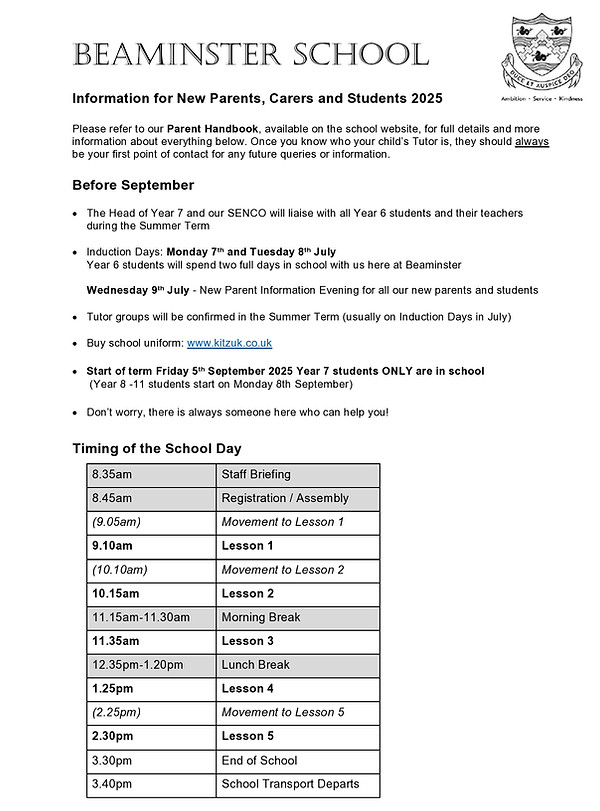 Key information for New Parents Carers and Students for Entry September 2025 p1.jpg