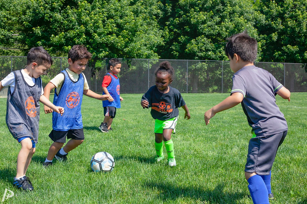 Five children, four boys and one girl, on a grass field playing with a soccer ball