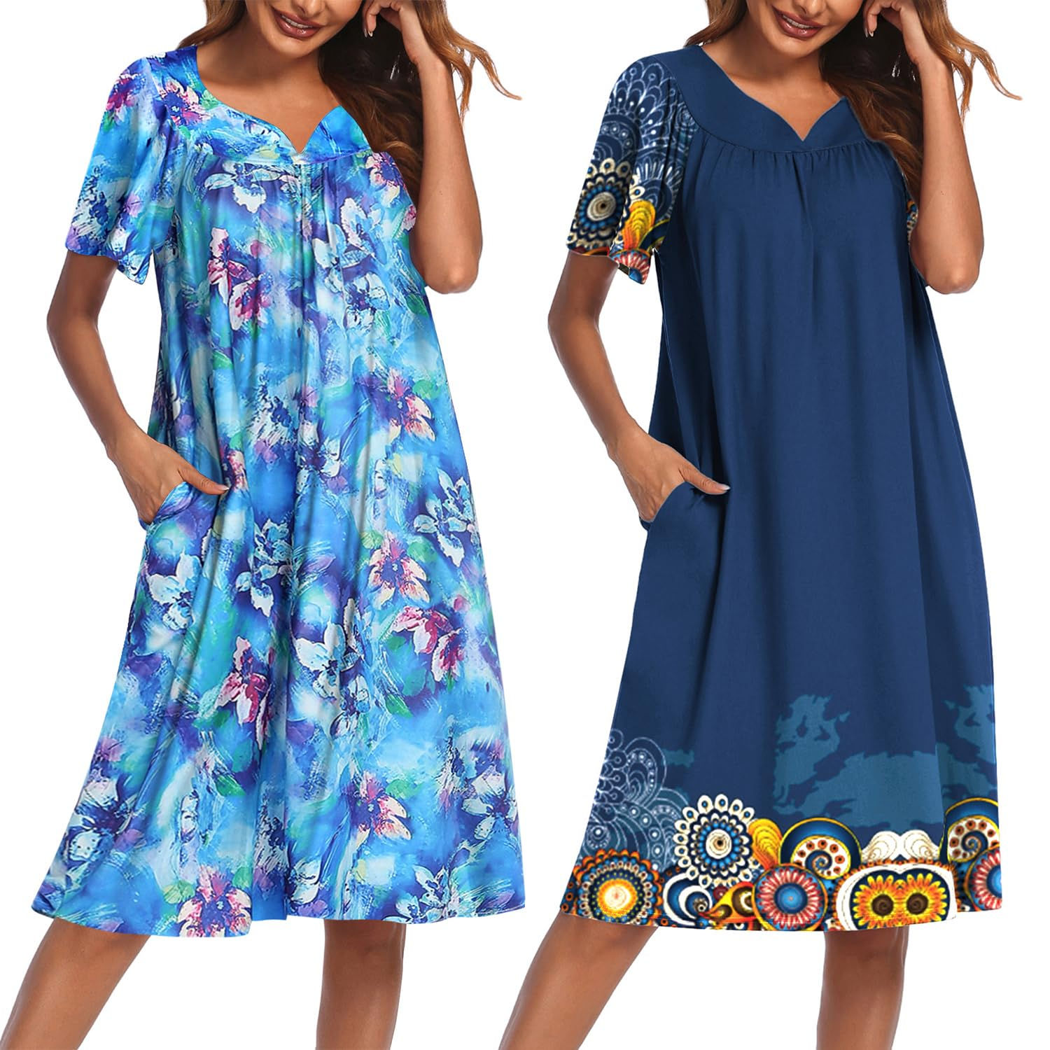 Ekouaer 2 Pack House Dresses for Women with Pockets Short Sleeve Moo Moos Floral