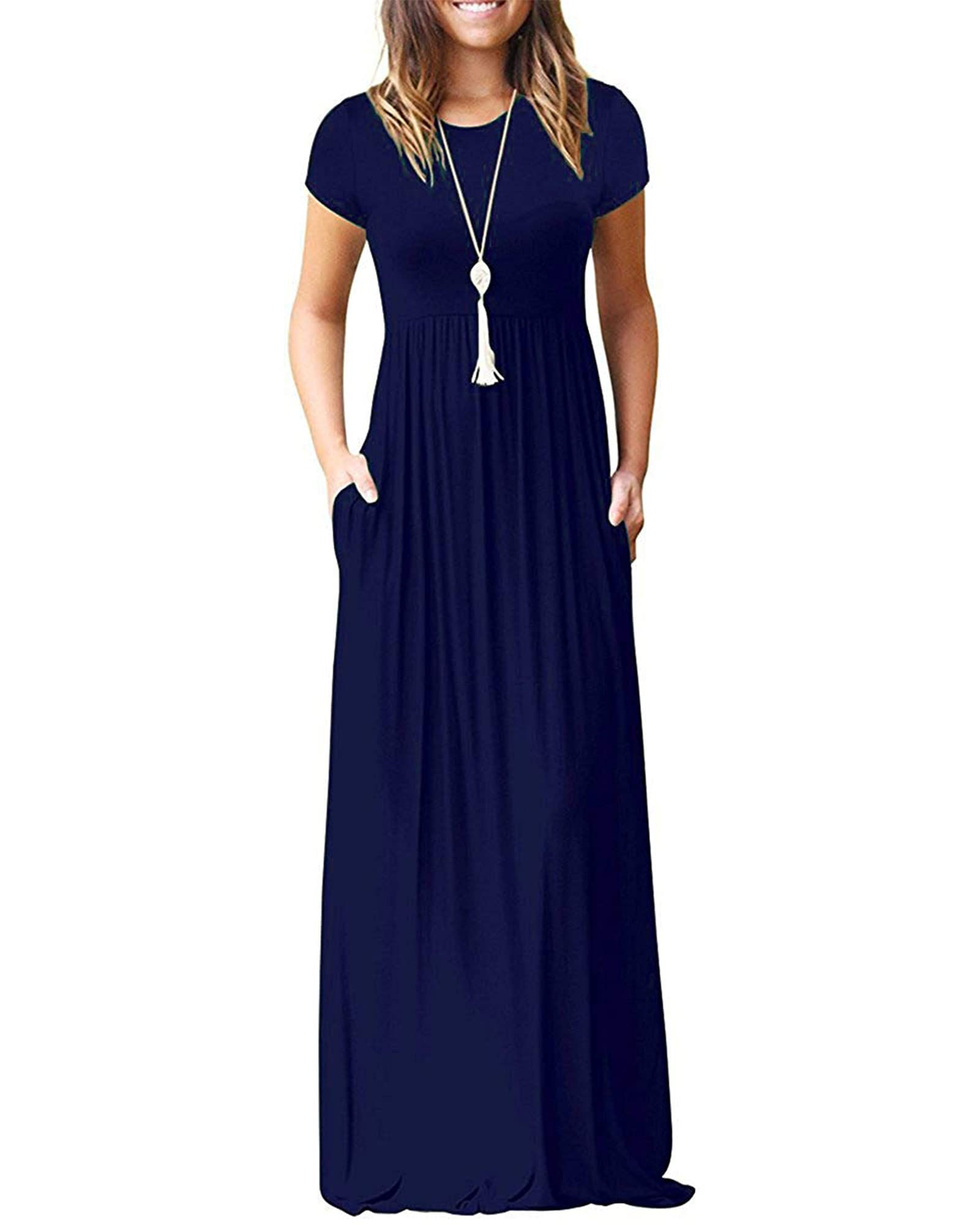 MISFAY Women Short Sleeve Loose Plain Maxi Dresses Casual Long Dresses Pockets(N