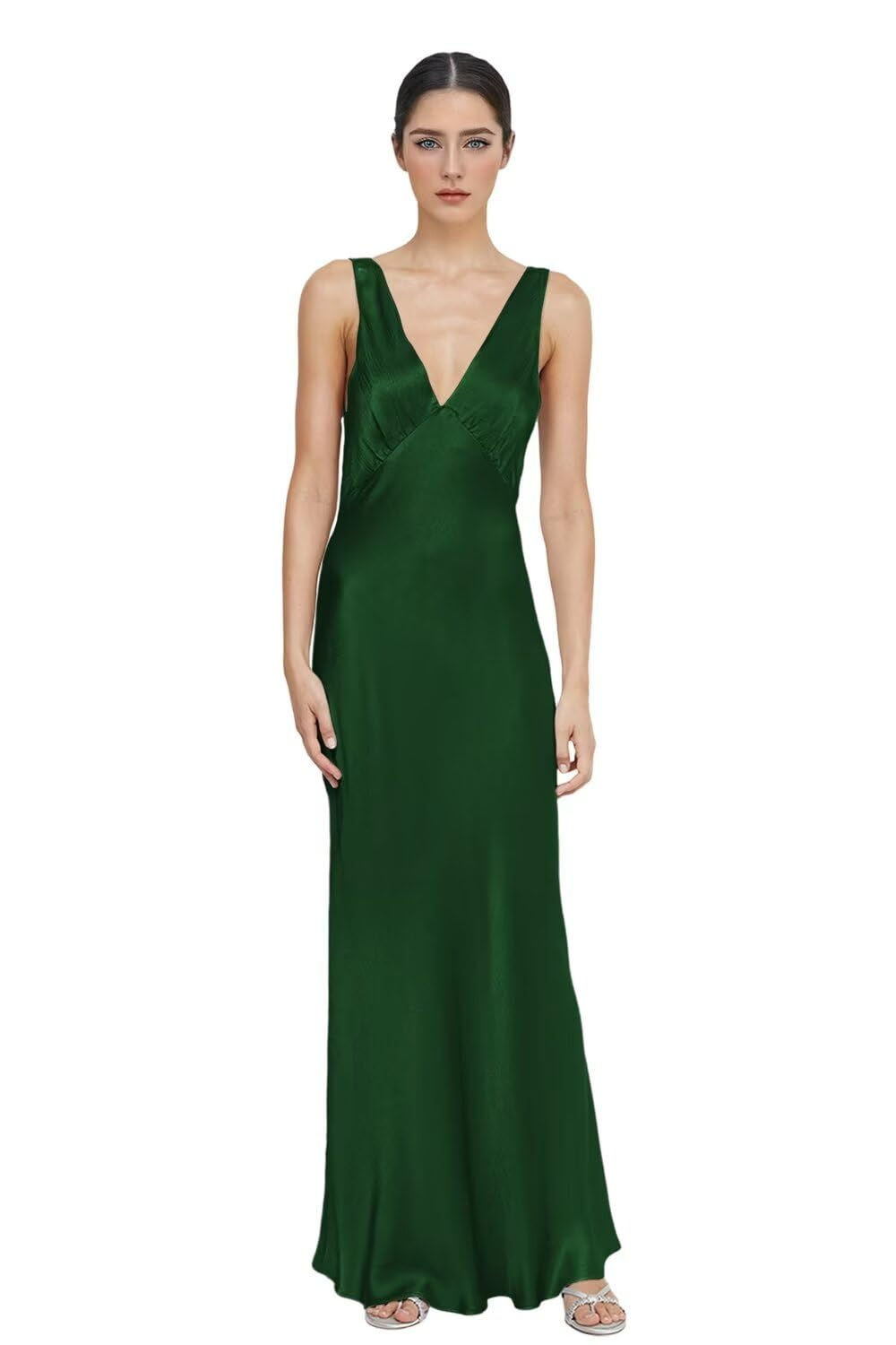 Long Silk Prom Dresses V Neck Aline Bridesmaid Dresses Emerald for Wedding Elega