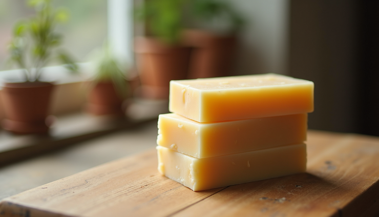Close-up view of vintage soap bars stacked on a wooden table