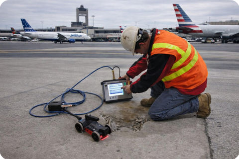 Airport tarmac concrete scan using radar imaging equipment at Boston Logan