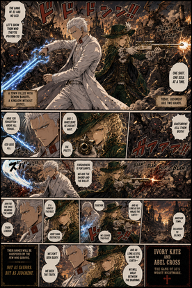 Anime-western combat artwork featuring glowing blue energy swords and supernatural warriors in battle
