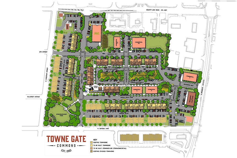 Plan of Towne Gate Commons in Souderton, PA, illustrating S.T.A. Engineering's mixed-use redevelopment project, which integrates living and working spaces into a vibrant community setting, in collaboration with local urban planning initiatives.