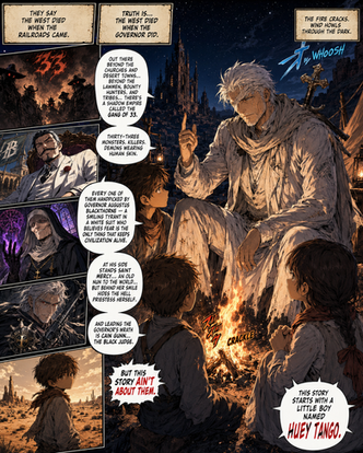 Campfire storytelling comic page featuring a mysterious traveler sharing the legend of Huey Tango